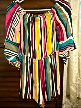 Express Multicolor Striped Off the Shoulder Romper- Teal, Black, Pink, Burgundy